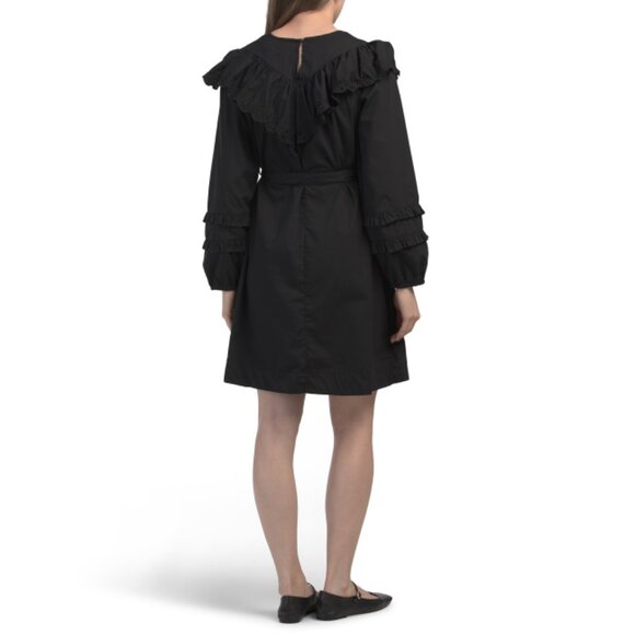 LEA Black Long Sleeve Embroidered Ruffle Mini Dress - Picture 2 of 2